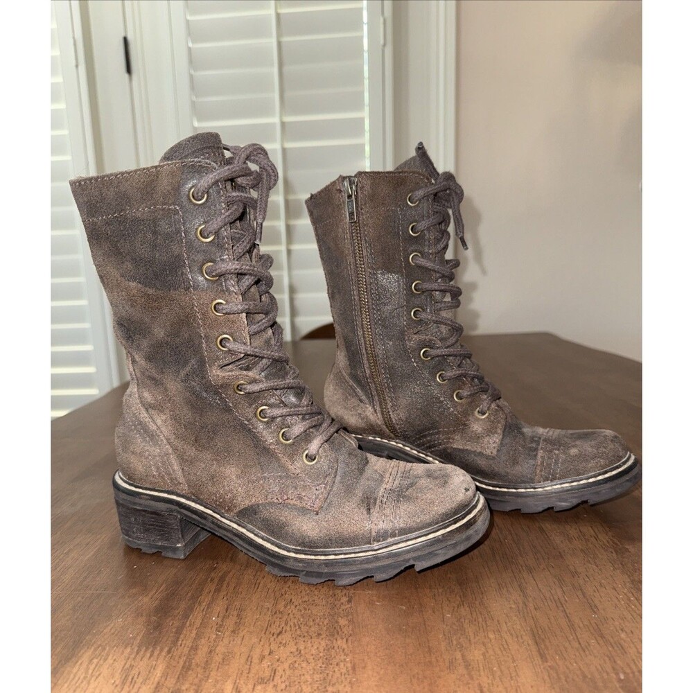 Donald J Pliner Gita Combat Boots Brown Oiled Suede Lace Up Moto Boots 5.5M - Picture 3 of 13